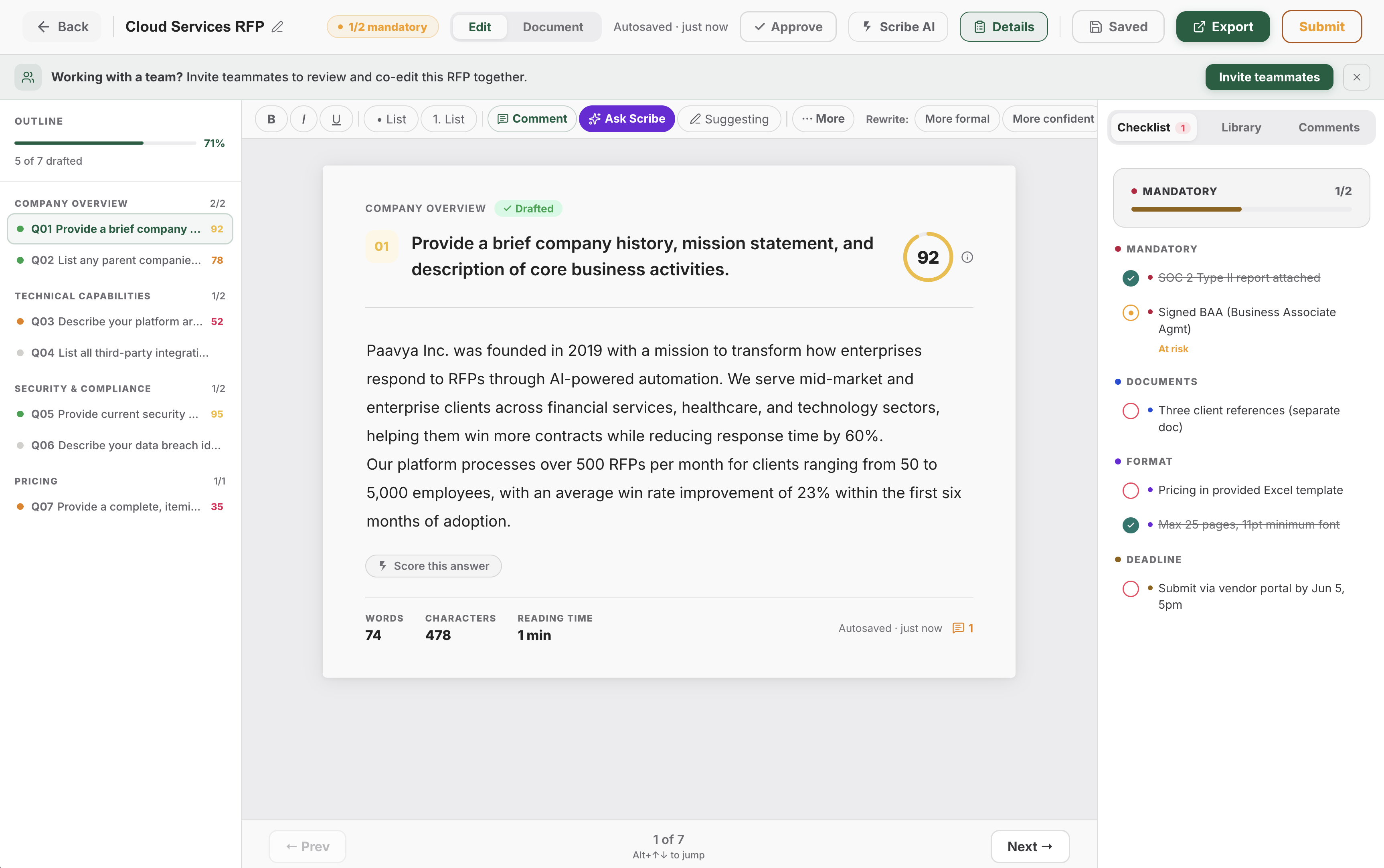 Paavya editor — Cloud Services RFP with Scribe AI and compliance checklist